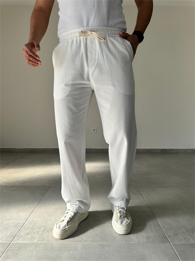 Beyaz Renk Yıkamalı Bel Kısmı Lastikli Baggy Keten Pantolon