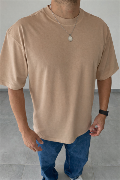 Açık Kahve Renk Oversize Kesim Basic T-Shirt