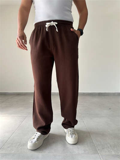 Kahve Renk Müslin Keten Baggy Pantolon