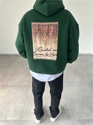 Pantch Ve Baskı Detaylı Yeşil Renk Premium Kapüşonlu Sweatshirt
