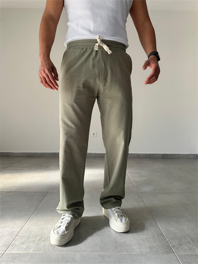 Haki Yeşil Renk Yıkamalı Bel Kısmı Lastikli Baggy Keten Pantolon
