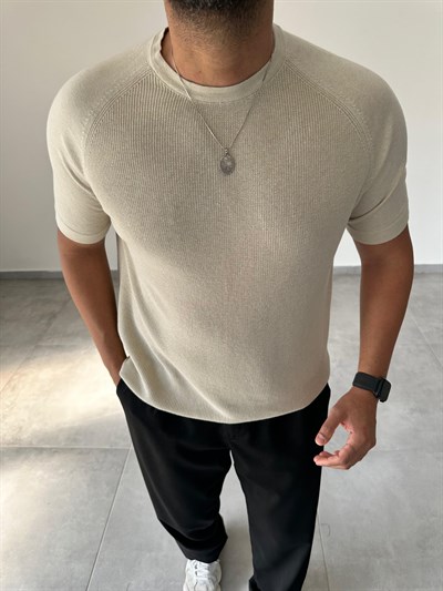 Reglan Kol Detaylı Bej Renk Premium Kalite Basic Triko T-Shirt