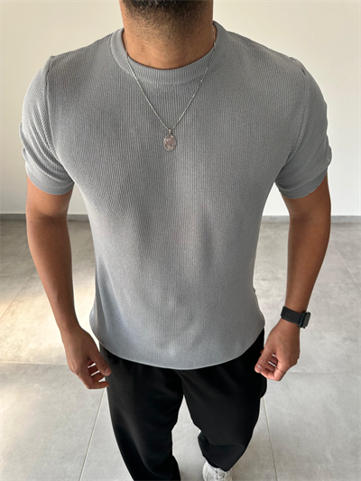 Gri Renk Selanik Örme Regular Fit T-Shirt