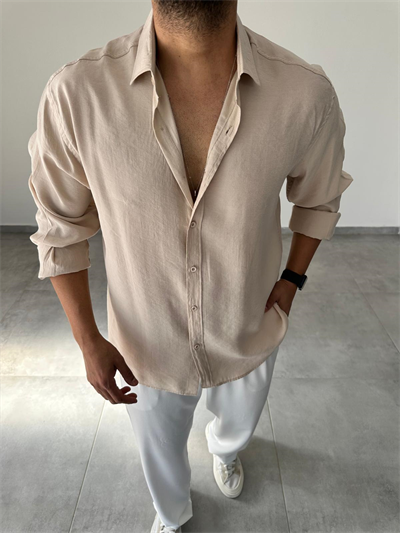 Modal Kumaş Bej Renk Oversize Kesim Gömlek
