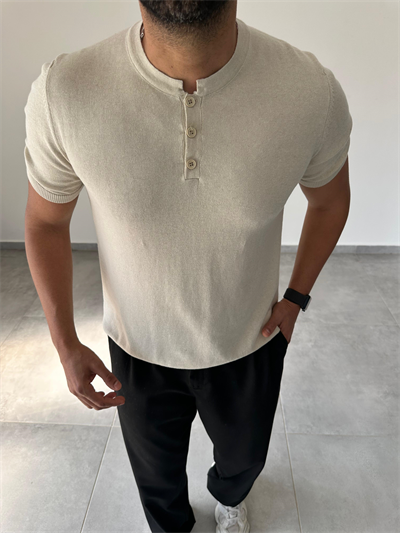 Düğme Detaylı Bej Renk  Premium Kalite Basic Triko T-Shirt