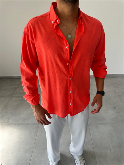 Nar Çiçeği Renk Oversize Kesim Fresh Keten Gömlek