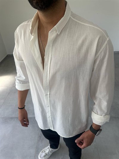 Beyaz Renk Oversize Kesim Fresh Keten Gömlek