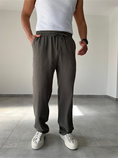 Modal Kumaş Haki Yeşil Renk Bel Kısmı Lastikli Basic Baggy Pantolon