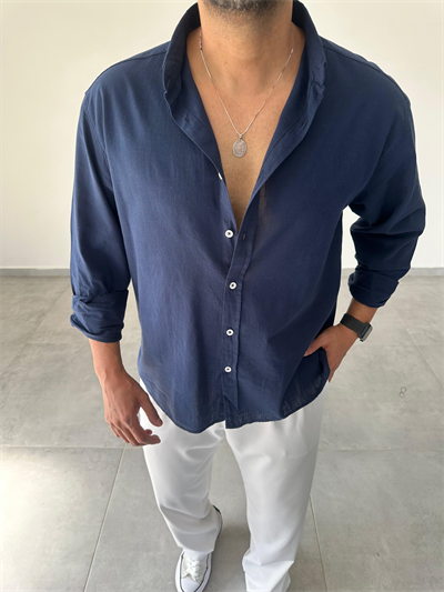 Lacivert Renk Oversize Kesim Fresh Keten Gömlek