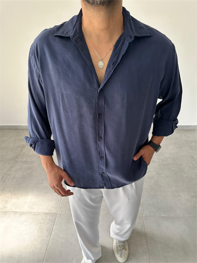 Lacivert Renk Modal Kumaş Oversize Kesim Basic Gömlek