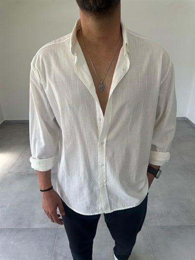 Beyaz Renk Oversize Kesim Fresh Keten Gömlek
