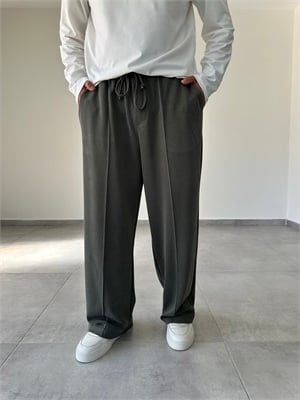 Haki Renk Kupra Kumaş Çımalı Baggy Pantolon