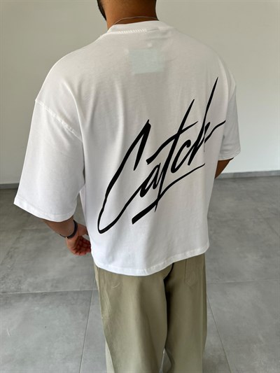 Beyaz Renk Catch Baskılı Crop Fit Oversize T-Shirt