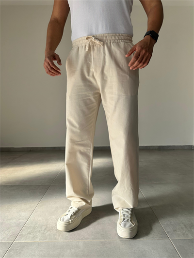 Bej Renk Yıkamalı Bel Kısmı Lastikli Baggy Keten Pantolon