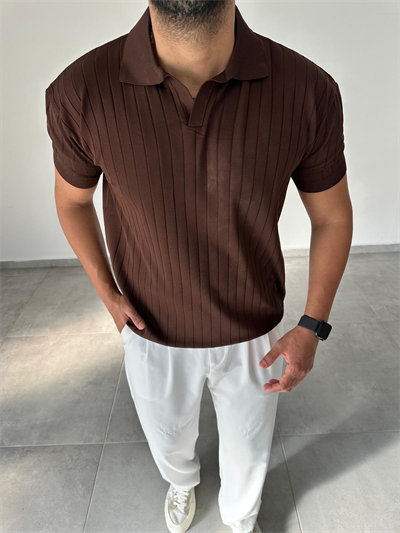 Kahve Renk Şerit Detaylı Polo Yaka T-Shirt