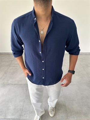 Lacivert Renk Relax Fit Keten Gömlek