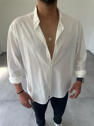 Beyaz Renk Oversize Kesim Fresh Keten Gömlek