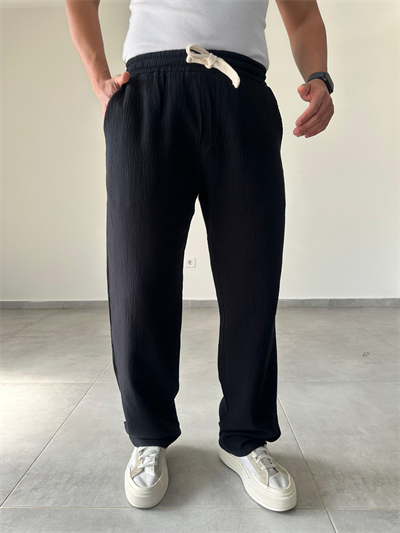 Siyah Renk Müslin Keten Baggy Pantolon