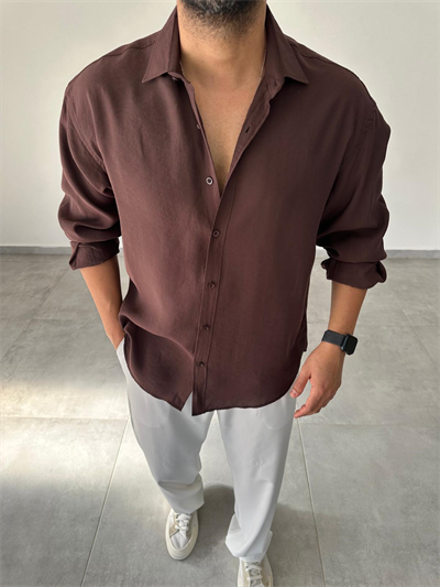 Modal Kumaş Kahve Renk Oversize Kesim Gömlek