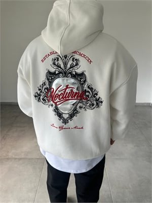 Beyaz Nocturna Pantch Ve Baskı Detaylı Premium Kapüşonlu Sweatshirt