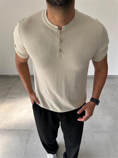 Düğme Detaylı Bej Renk  Premium Kalite Basic Triko T-Shirt