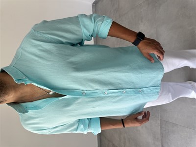 Turkuaz Renk Oversize Kesim Fresh Keten Gömlek