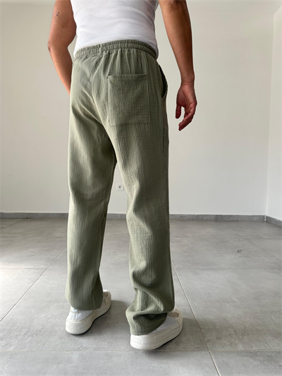 Haki Yeşil Renk Müslin Keten Baggy Pantolon