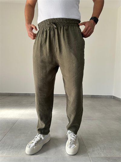 Tensel Kumaş Haki Yeşil Renk  Boyfriend Rahat Kesim İnce Jogger