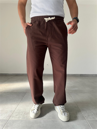 Kahve Renk Yıkamalı Bel Kısmı Lastikli Baggy Keten Pantolon