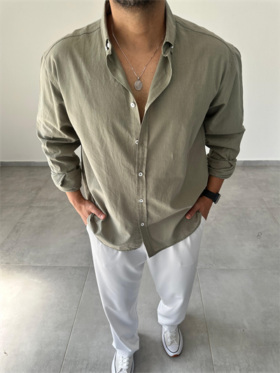 Haki Yeşili Oversize Kesim Fresh Keten Gömlek