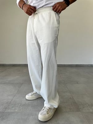 Beyaz Renk Bel Kısmı Lastikli Basic Baggy Keten Pantolon