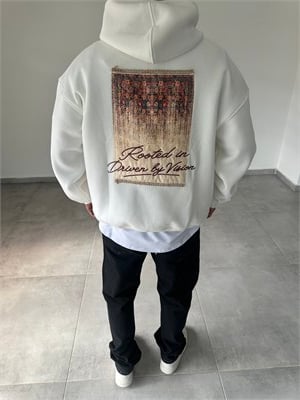 Pantch Ve Baskı Detaylı Beyaz Renk Premium Kapüşonlu Sweatshirt