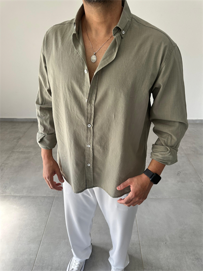 Haki Yeşili Oversize Kesim Fresh Keten Gömlek