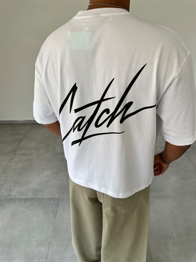 Beyaz Renk Catch Baskılı Crop Fit Oversize T-Shirt