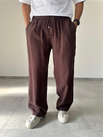 Tensel Kumaş Kahve Renk Rahat Kesim İnce Baggy Pantolon