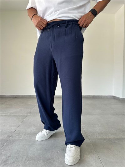 Tensel Kumaş Bel Kısmı Lastik Ve Bağcık Detaylı Lacivert Renk Baggy Pantolon