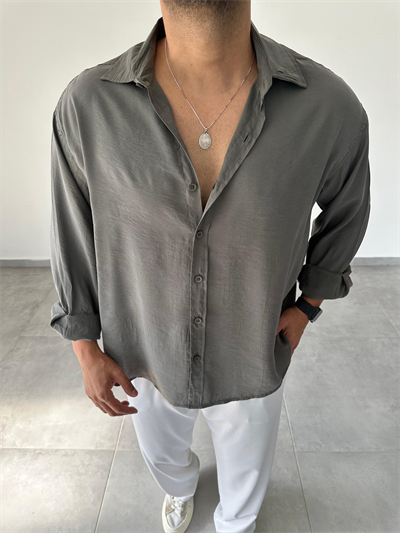 Haki Yeşil Renk Modal Kumaş Oversize Kesim Basic Gömlek