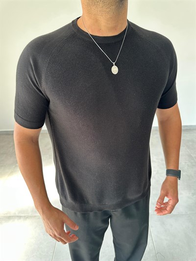 Reglan Kol Detaylı Siyah Renk Premium Kalite Basic Triko T-Shirt