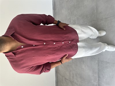 Ham Keten Oversize Kesim Bordo Renk Premium Keten Gömlek