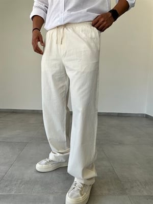 Bej Renk Bel Kısmı Lastikli Basic Baggy Keten Pantolon