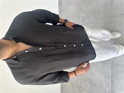 Ham Keten Oversize Kesim Siyah Renk Premium Keten Gömlek