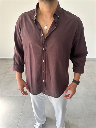 Kahve Renk Oversize Kesim Fresh Keten Gömlek