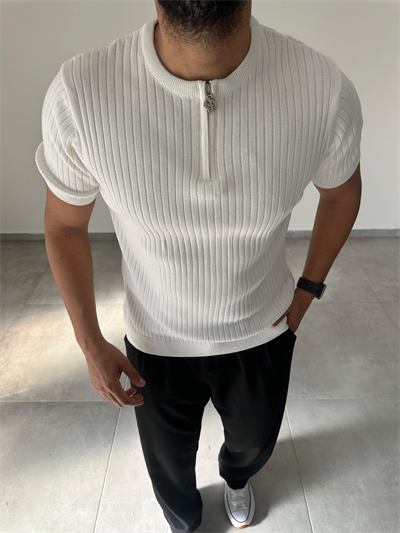 Beyaz Renk Fermuar Detaylı Premium Kalite Basic Triko T-Shirt