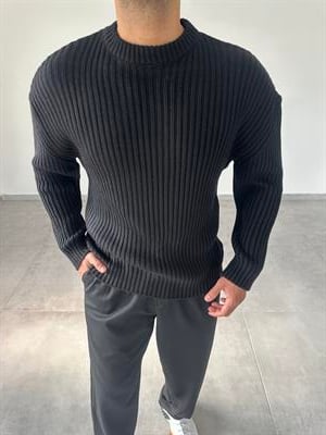 Siyah Renk Bisiklet Yaka Oversize Örme Kazak