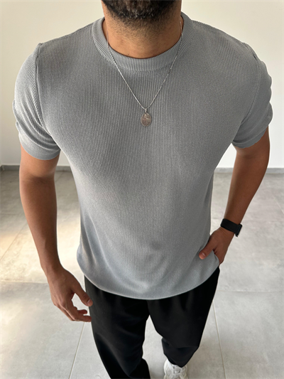 Gri Renk Selanik Örme Regular Fit T-Shirt