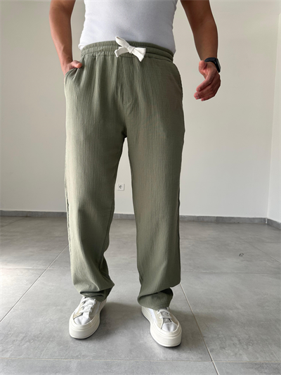 Haki Yeşil Renk Müslin Keten Baggy Pantolon