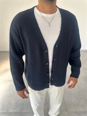 Lacivert Renk Oversize Kesim Örme Triko Ceket