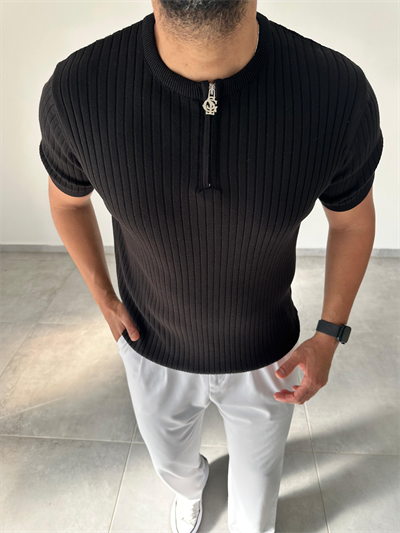 Siyah Renk Fermuar Detaylı Premium Kalite Basic Triko T-Shirt