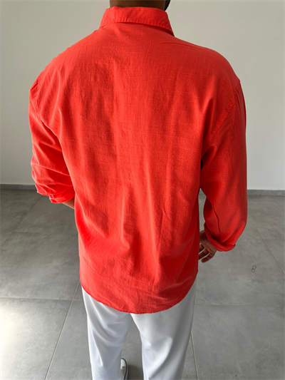 Nar Çiçeği Renk Oversize Kesim Fresh Keten Gömlek