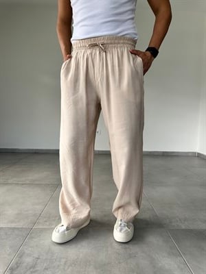Tensel Kumaş Bej Renk Rahat Kesim İnce Baggy Pantolon